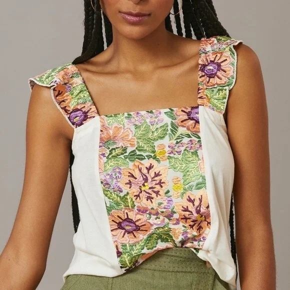 Tiny Tops - Anthropologie Tiny Marin Floral Embroidered Tank Top Sleeveless Cream Size M